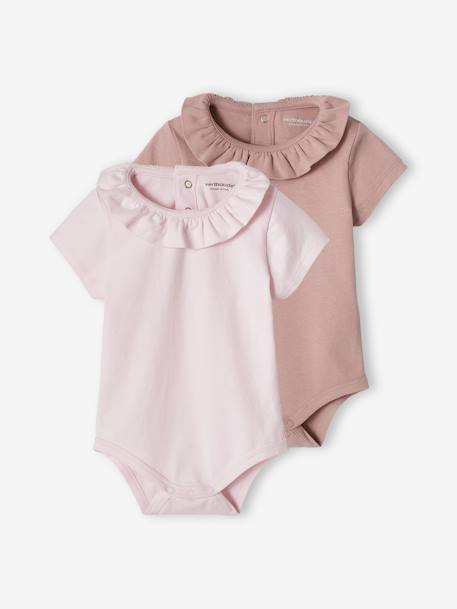 Pack de 2 bodies de manga corta para bebé, con cuello fantasía BLANCO CLARO BICOLOR/MULTICOLO+lila pulverizado 