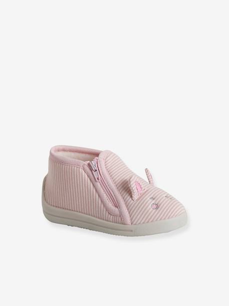 Zapatillas de casa de lona con cremallera para bebé rayas rosa 