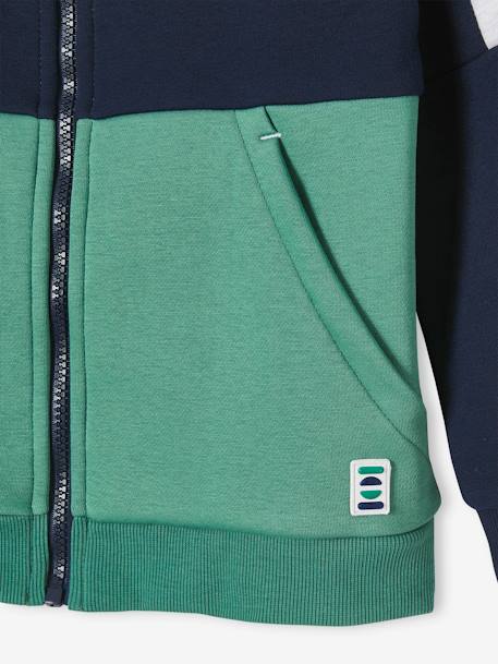 Sudadera deportiva con cremallera y capucha efecto colorblock niño azul eléctrico+gris jaspeado+verde 