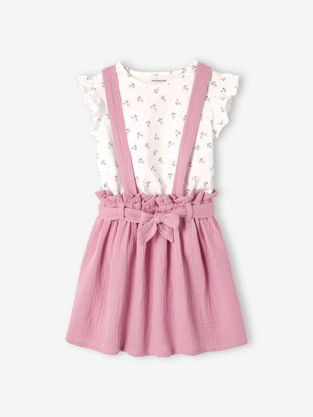 Conjunto niña camiseta a rayas + falda de gasa de algodón lila+VERDE CLARO LISO 