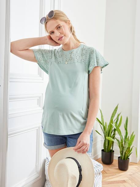 Camiseta de dos tejidos para embarazo y lactancia gris perla+verde menta 