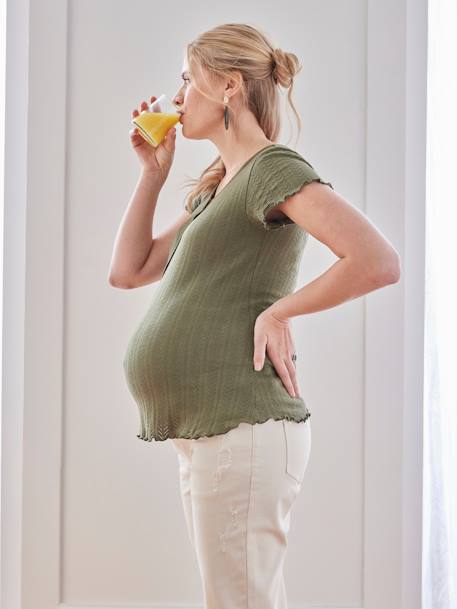 Camiseta de punto pointelle para embarazo y lactancia aceituna 