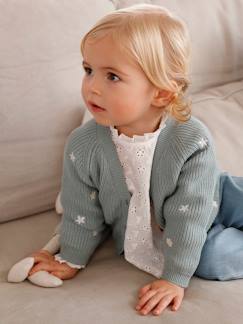 Bebé-Sudaderas, jerséis y chaquetas de punto-Chaqueta bordada con canalé inglés y cuello de pico para bebé