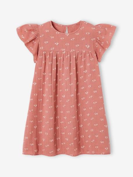 Vestido de gasa de algodón estampado con mangas mariposa, para niña teja+verde agua 