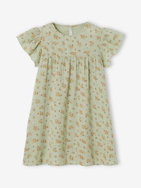 Vestido de gasa de algodón estampado con mangas mariposa, para niña AZUL CLARO ESTAMPADO+teja+verde agua 
