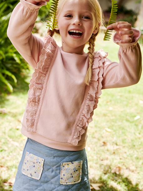 Sudadera con volantes bordados con flores para niña rosa maquillaje 