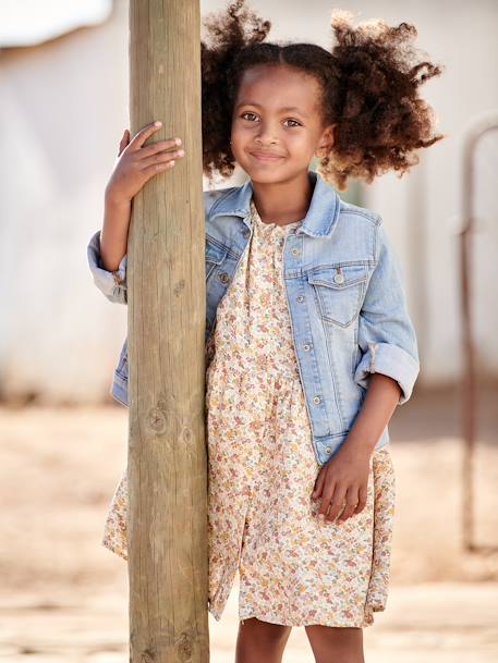 Vestido abotonado de flores, para niña azul azur+azul marino+BEIGE CLARO ESTAMPADO+crudo+ROJO FUERTE ESTAMPADO 