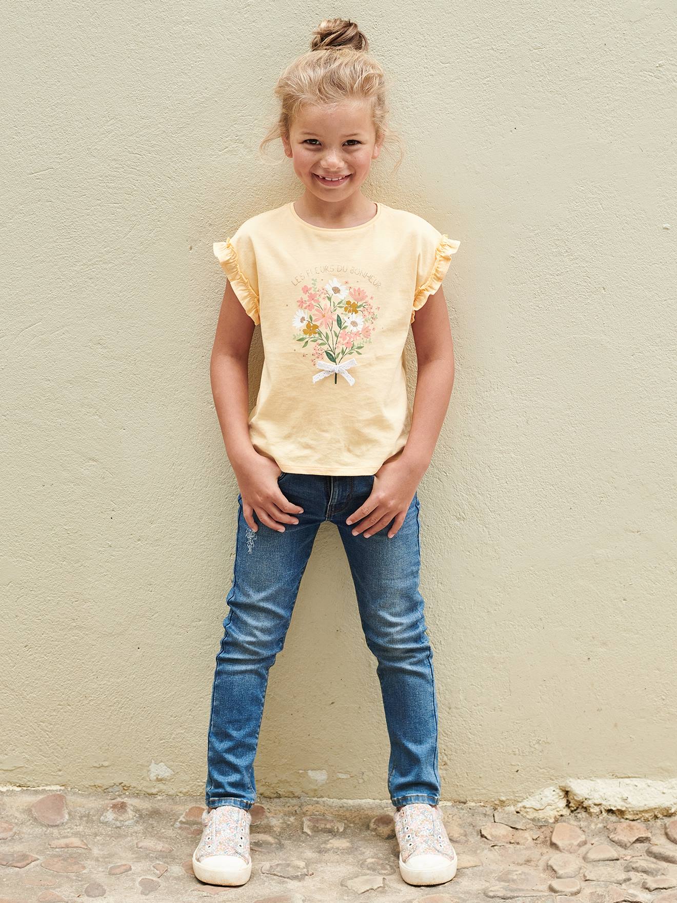 Camiseta con motivo irisado y manga corta con volantes para niña amarillo  pálido - Vertbaudet