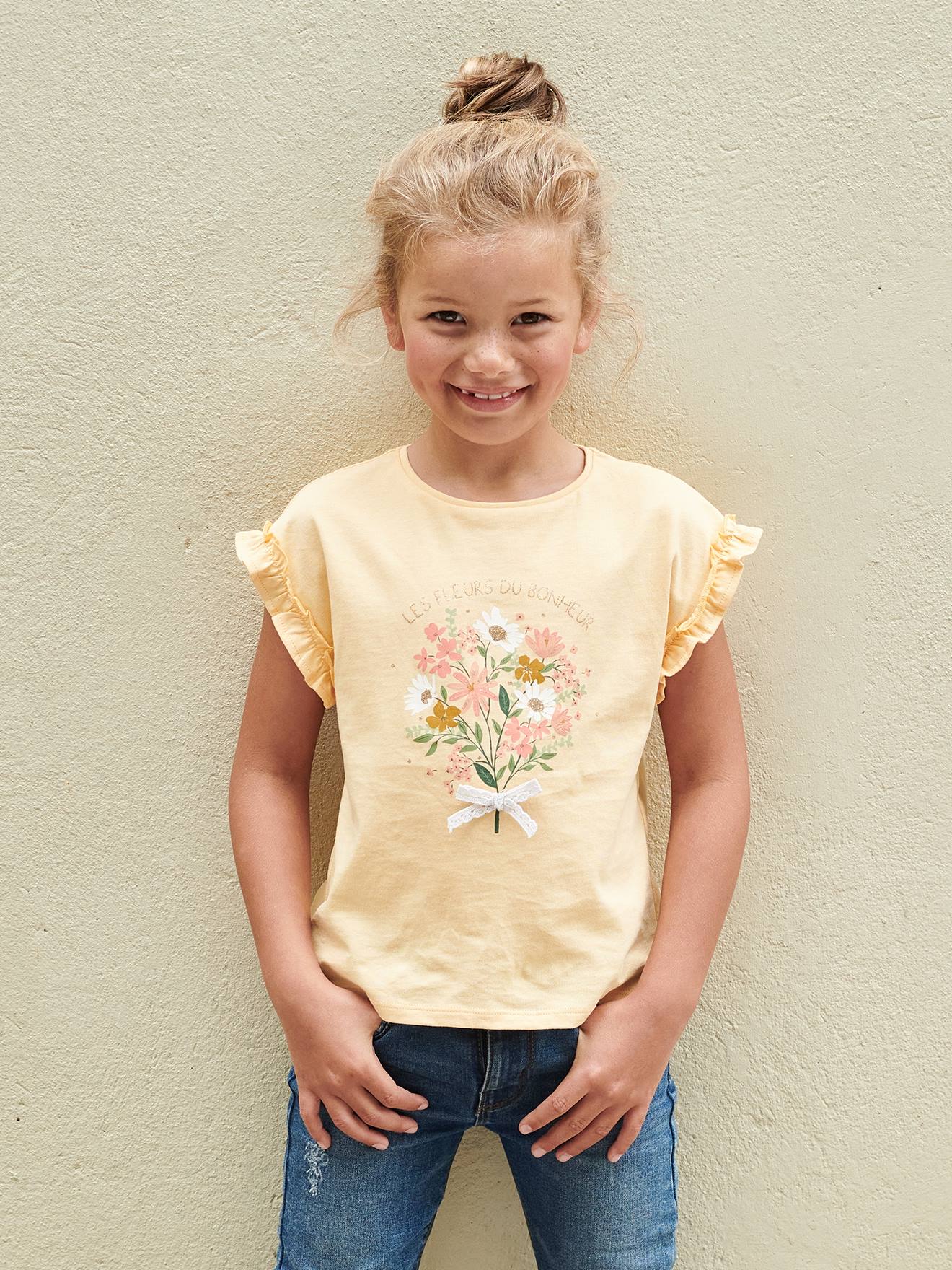 Camiseta de manga corta con flores de lentejuelas amarilla niña