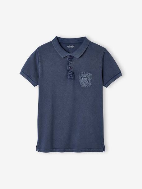Polo con bordado «good vibes» en el pecho para niño arcilla+azul pizarra 