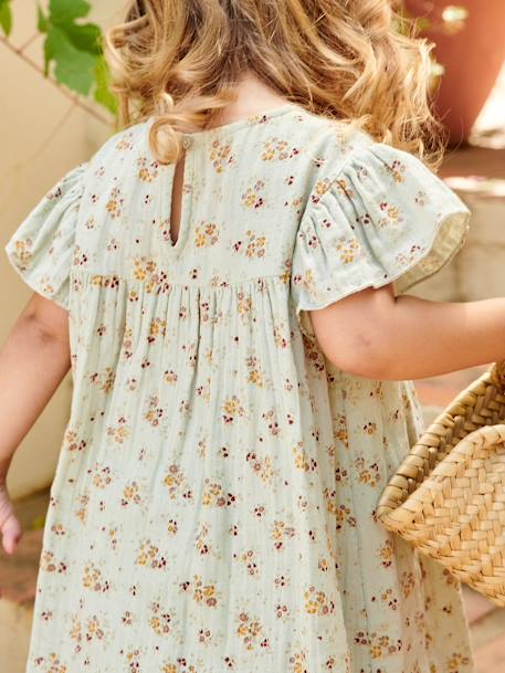 Vestido de gasa de algodón estampado con mangas mariposa, para niña teja+verde agua 