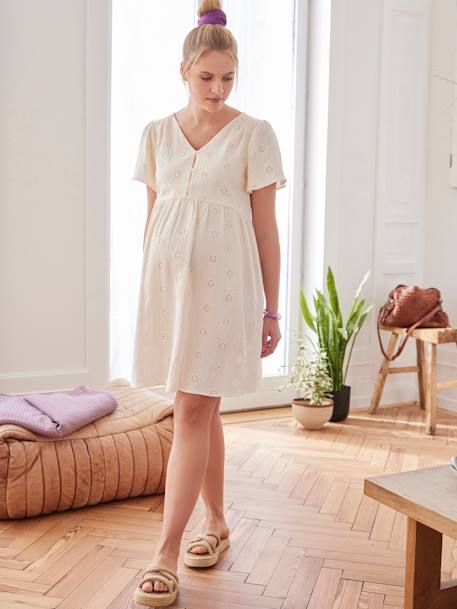 Vestido de gasa de algodón bordado para embarazo y lactancia arcilla+crudo 