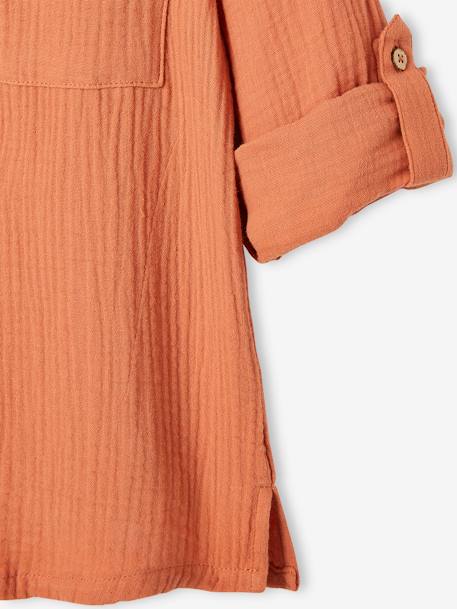 Camisa de gasa de algodón con mangas remangables, para niño arcilla+AZUL MEDIO LISO+verde 
