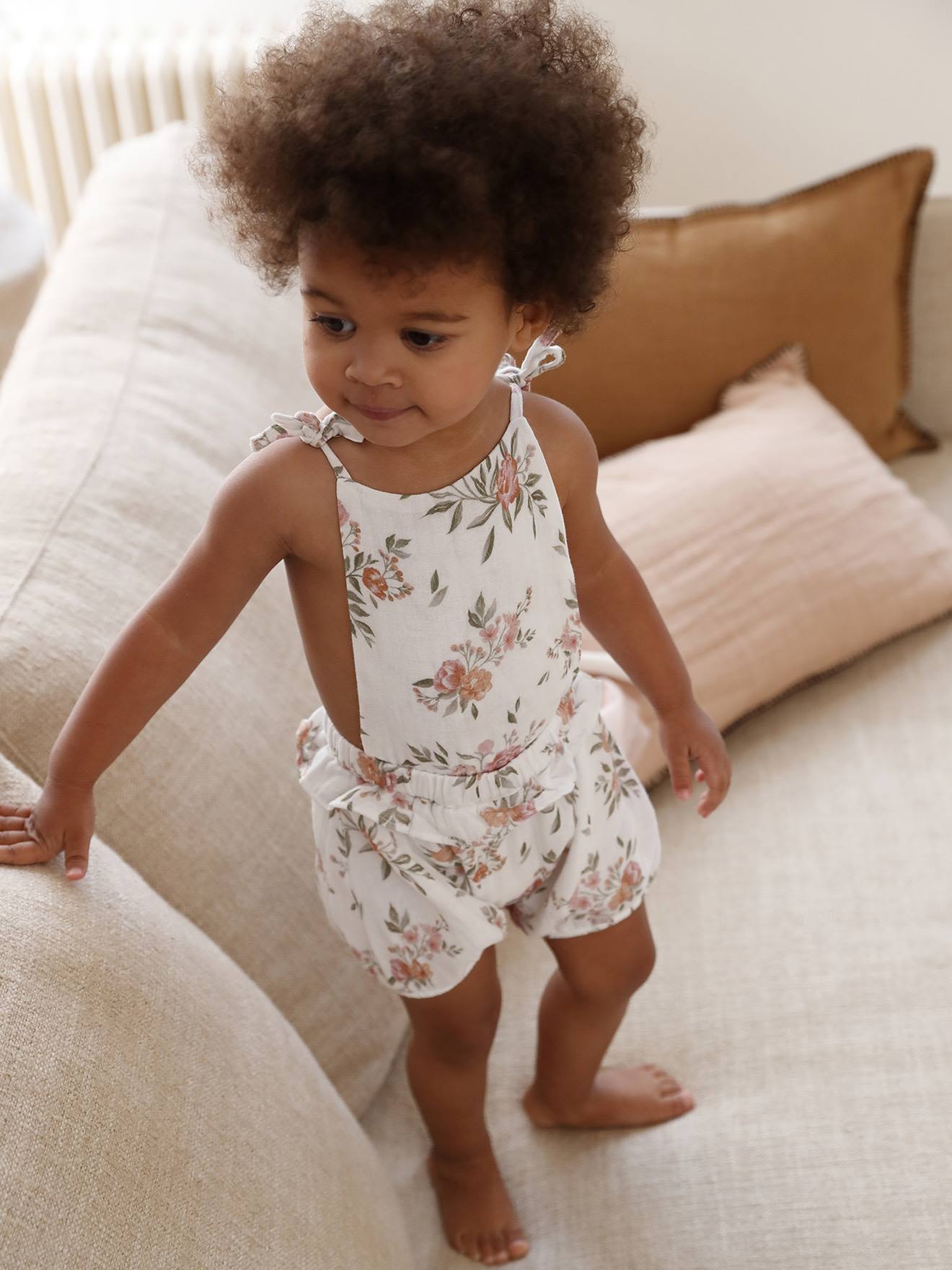 Mono short con estampado de flores y tirantes para bebé blanco - Vertbaudet