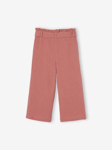 Pantalón pesquero ancho de gasa de algodón estilo «paperbag» para niña caqui+rosa viejo 