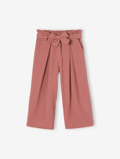Pantalón pesquero ancho de gasa de algodón estilo «paperbag» para niña caqui+rosa viejo 