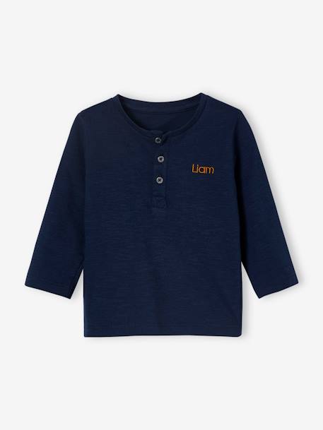 Camiseta personalizable, con cuello tunecino y manga larga bebé niño AZUL FUERTE LISO+BEIGE CLARO LISO+óxido 