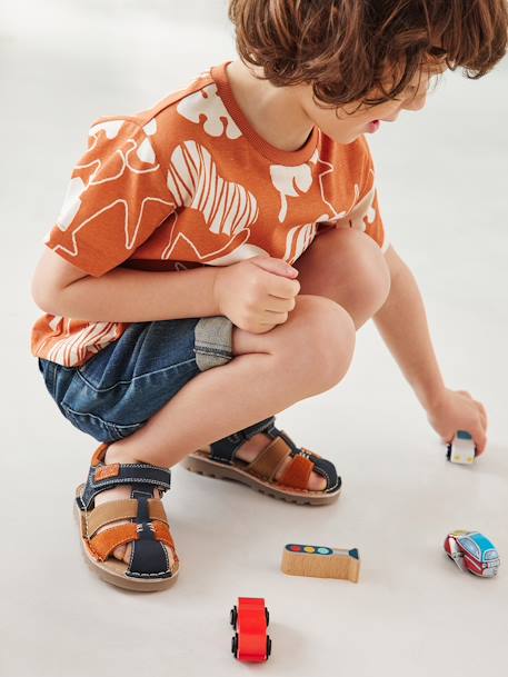 Sandalias infantiles de piel con cierre autoadherente de la colección de maternidad azul marino+beige 