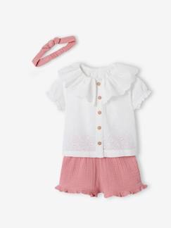 Bebé-Conjuntos-Conjunto de 3 prendas para bebé - blusa bordada, short de gasa de algodón y cinta del pelo a juego