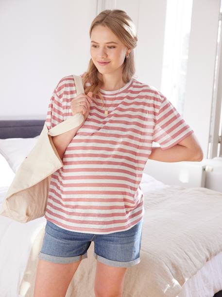 Camiseta a rayas para embarazo y lactancia aceituna+teja 