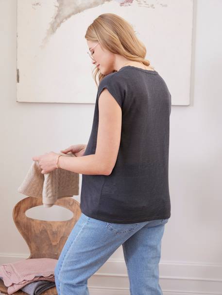 Camiseta de lino y algodón con cuello de pico para embarazo azafrán+gris oscuro 