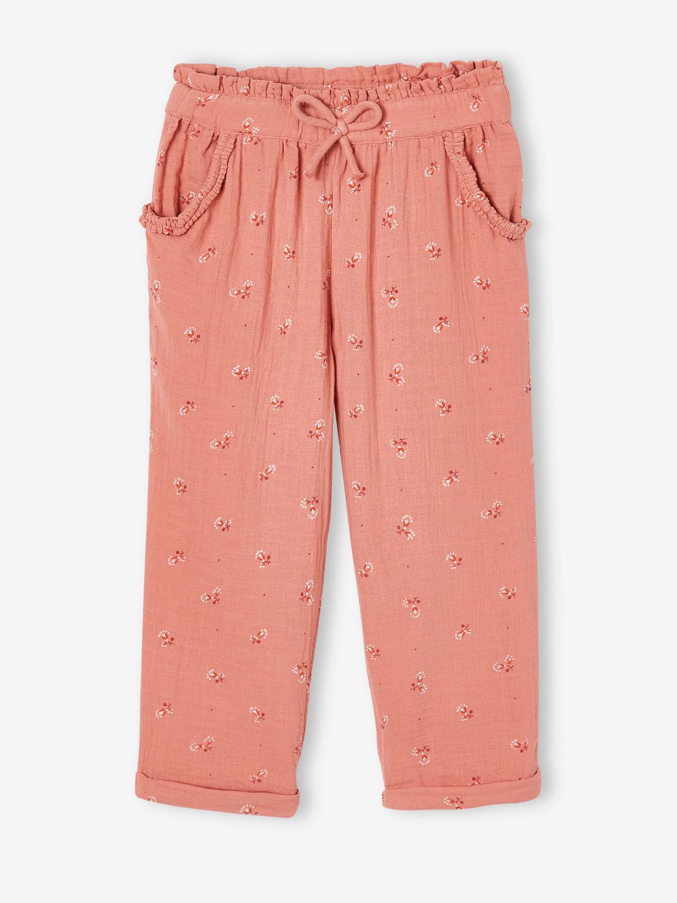 Pantalón pesquero de gasa de algodón estampado de flores, para niña rosado  - Vertbaudet