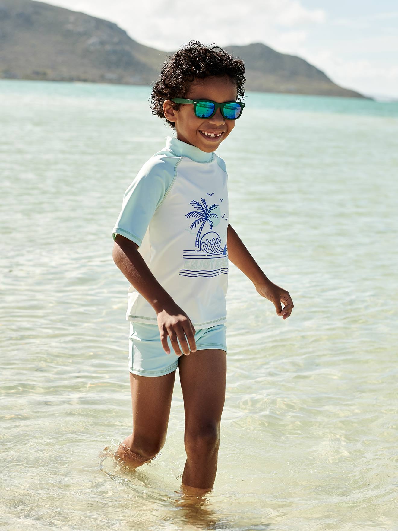 Conjunto de bañador anti-UV para niño - Camiseta bóxer verde agua - Vertbaudet