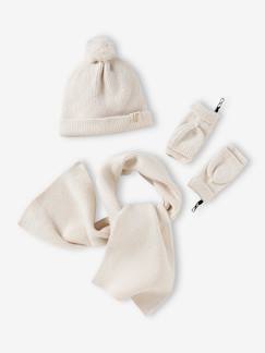 Niña-Accesorios-Gorros, bufandas, guantes-Conjunto de punto de canalé para niña: gorro + bufanda + manoplas/mitones