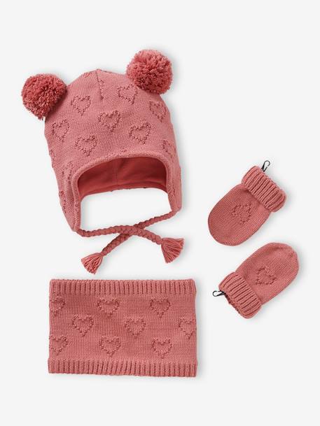 Conjunto para bebé niña de gorro + snood + manoplas con corazones