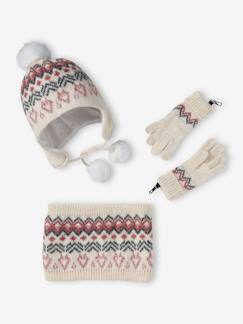 Niña-Accesorios-Gorros, bufandas, guantes-Conjunto gorro + snood + guantes o manoplas de punto jacquard para niña