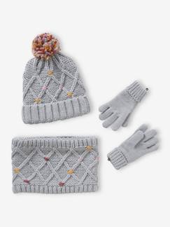 Conjunto para niña: gorro + snood + guantes o manoplas con pompones