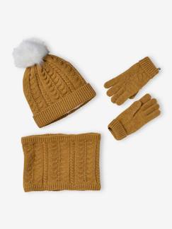 Conjunto gorro + snood + guantes o manoplas de punto trenzado para niña