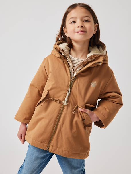 Parka con capucha, chaqueta acolchada brillante y forro de sherpa 3 en 1 para niña camello 