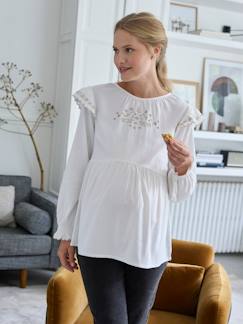 Ropa Premamá-Blusas y camisas embarazo-Blusa para embarazo bordada de gasa de algodón y viscosa