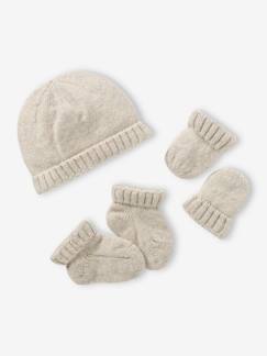 Conjunto para recién nacido de punto tricot: gorro + manoplas + zapatillas de casa
