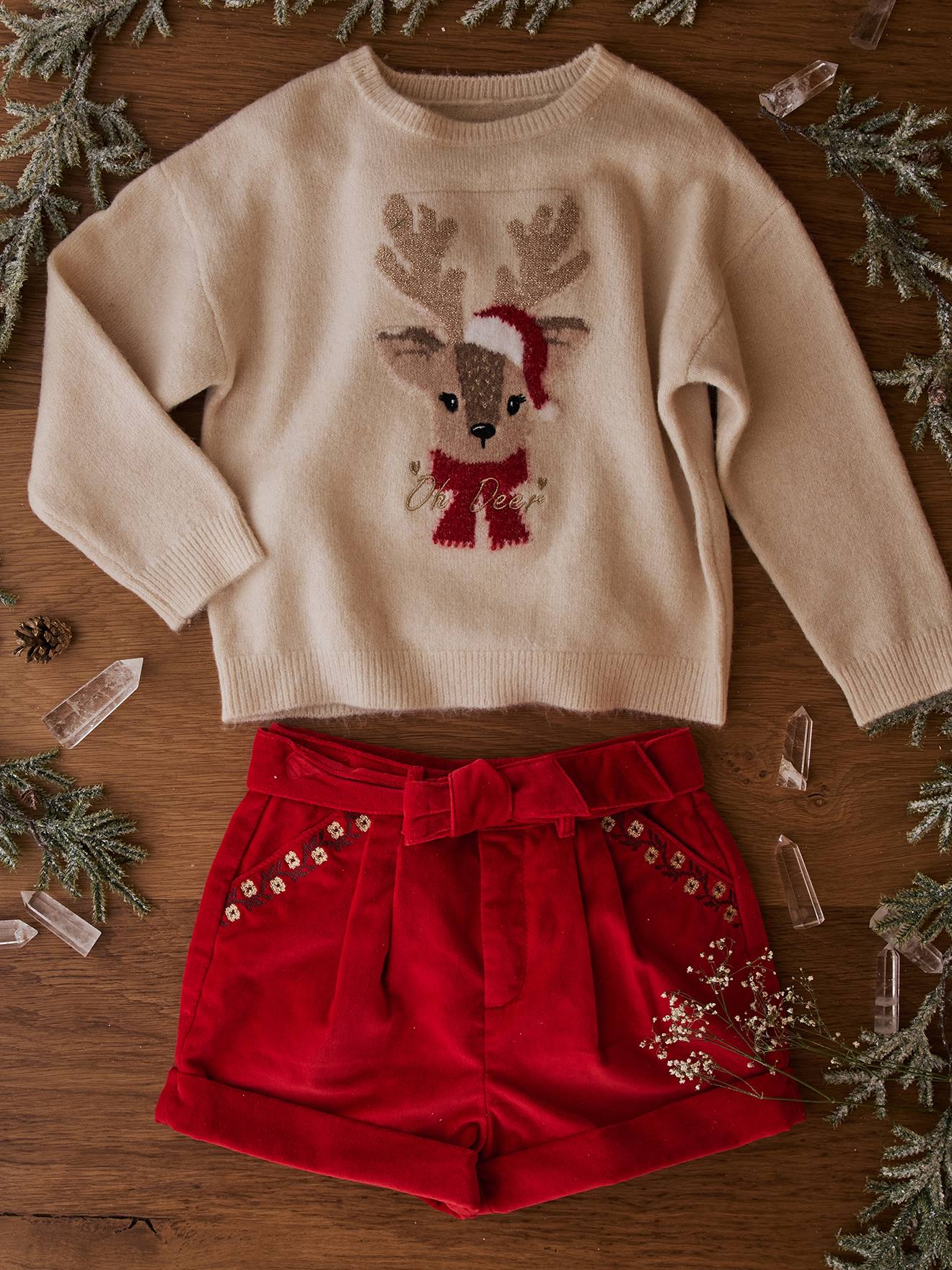 Batamanta a cuadros de terciopelo y polar para niña - «Navidad» - rojo