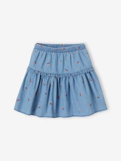 -Falda denim ligero con cerezas bordadas para niña