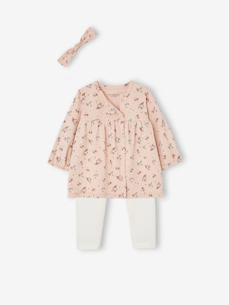 Bebé-Conjuntos-Conjunto de 3 prendas con cinta, vestido estampado y leggings para bebé recién nacida
