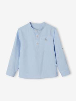 Camisa de lino/algodón para niño con cuello mao, de manga larga