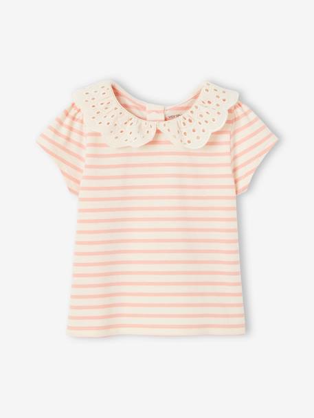 Bebé-Camisetas-Camisetas-Camiseta a rayas con cuello de bordado inglés para bebé niña