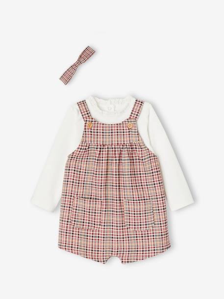 Conjunto peto corto a cuadros + camiseta y cinta para el pelo para bebé niña