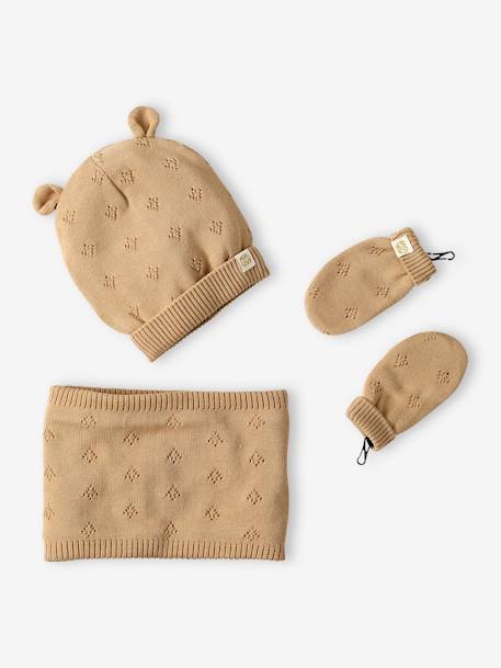 Conjunto bebé niña gorro con orejitas + snood + manoplas de punto calado