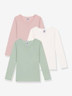 Niña-Pack de 3 camisetas infantiles de manga larga lisas de algodón PETIT BATEAU