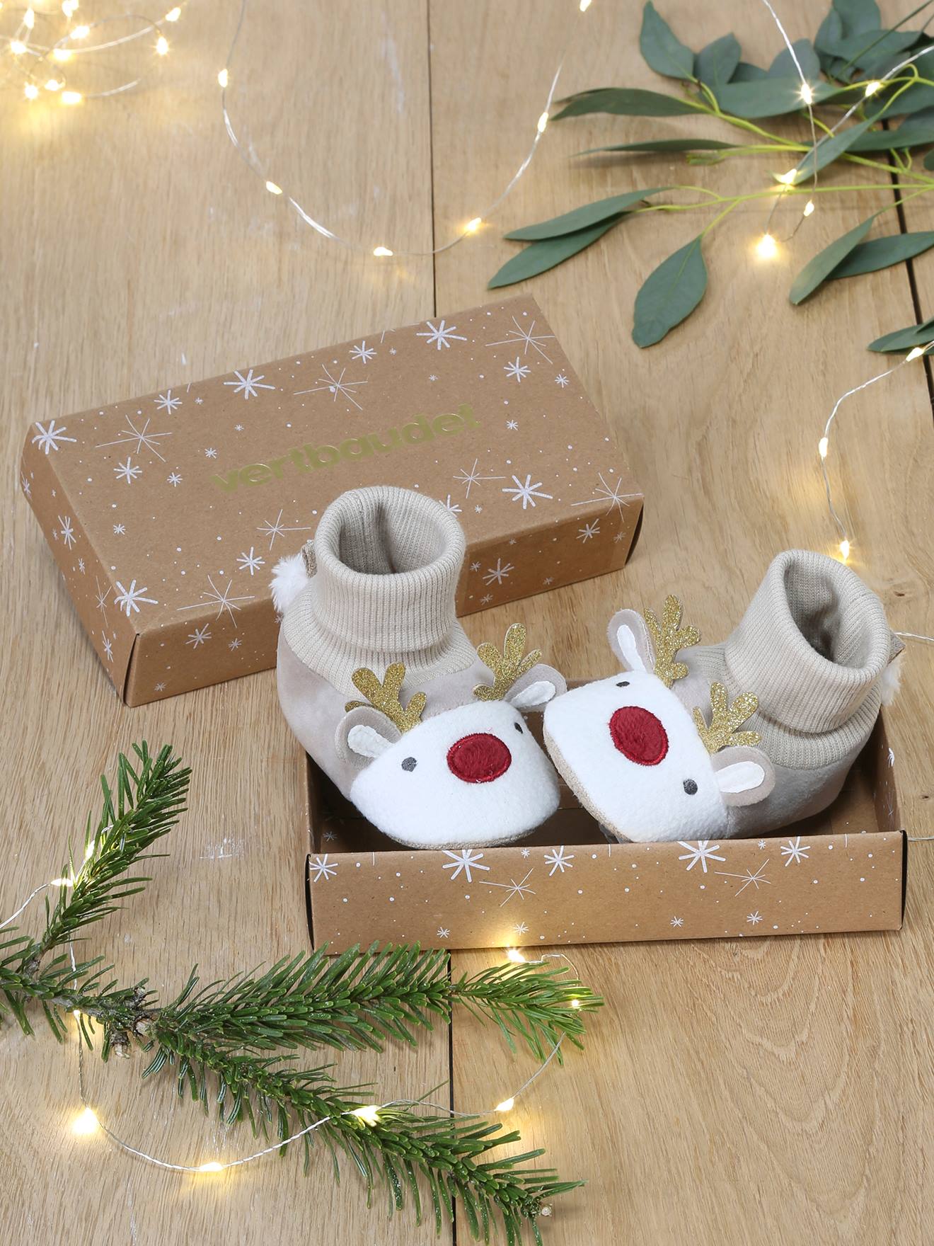 Zapatillas de casa navideñas Renos beige Vertbaudet