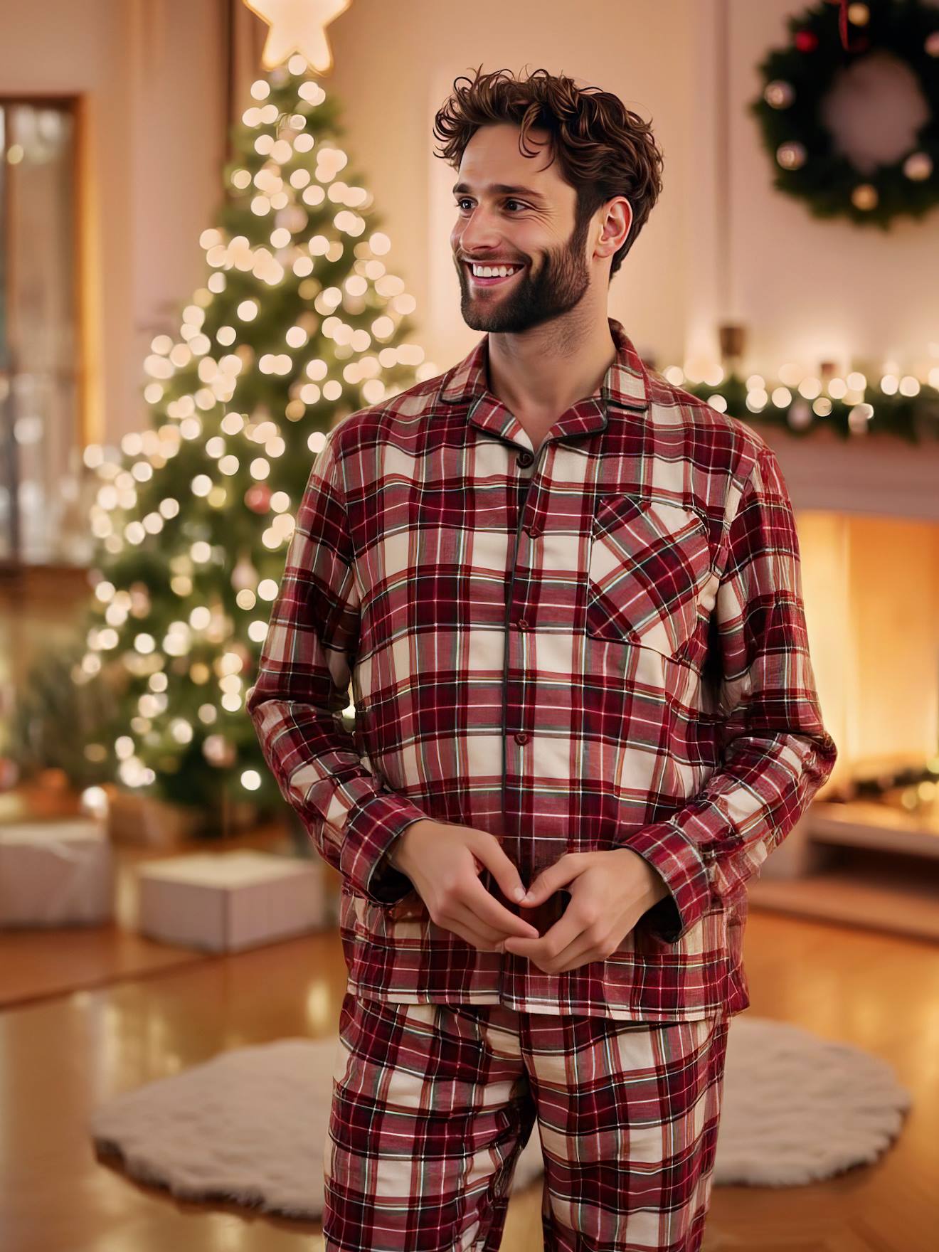 Pijama navideño de franela para hombre cuadros rojos