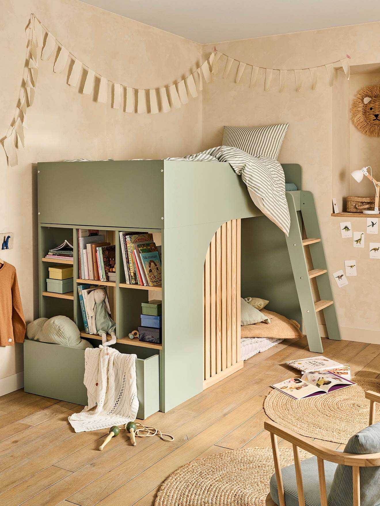 Cama mezzanine infantil con almacenaje Playful verde - Vertbaudet