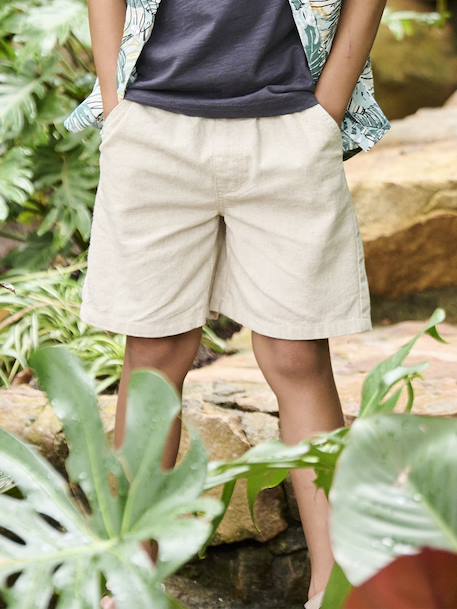 Bermudas de algodón/lino para niño beige jaspeado+verde agua 