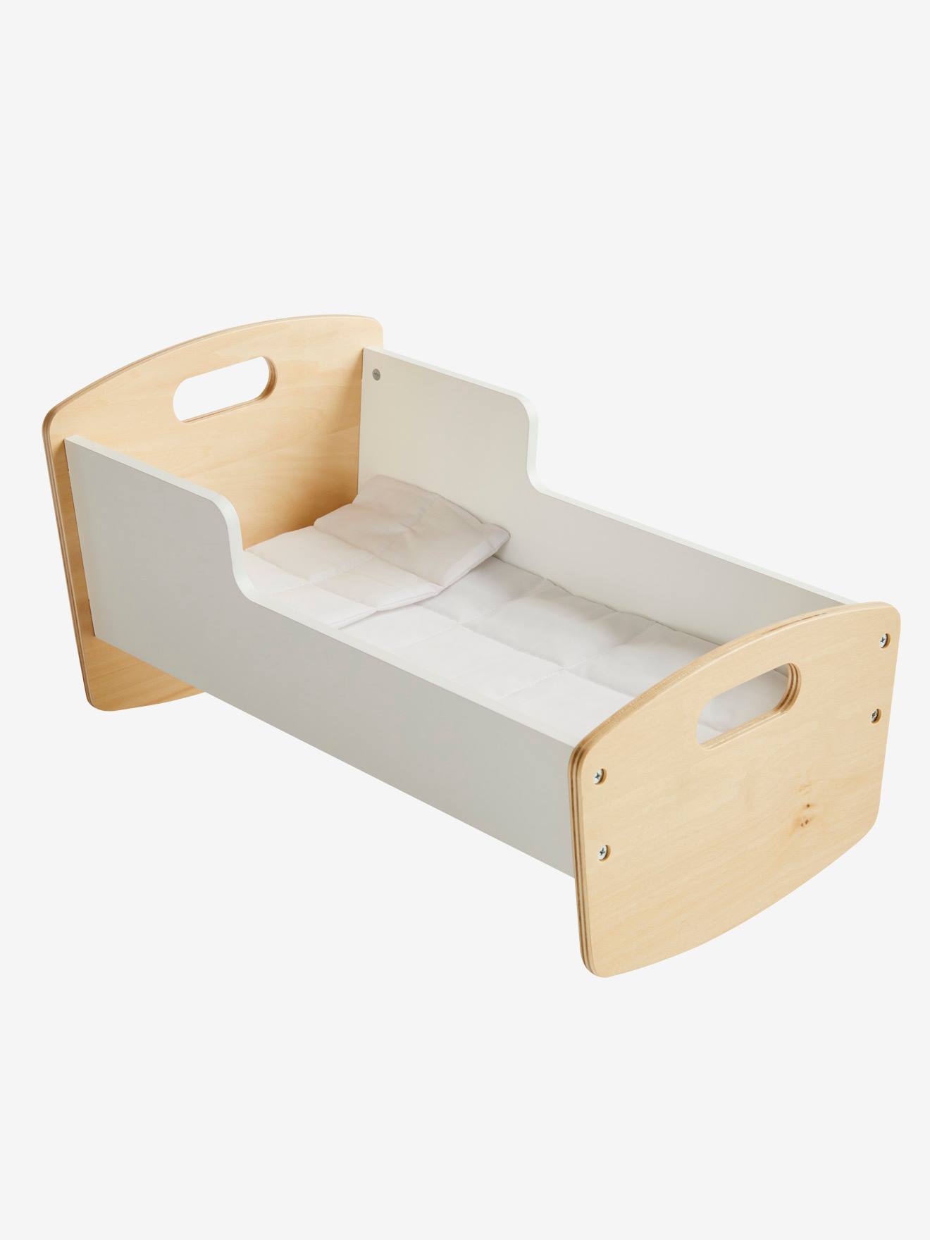 Cuna para muñeca de madera blanco claro liso con motivos - Vertbaudet