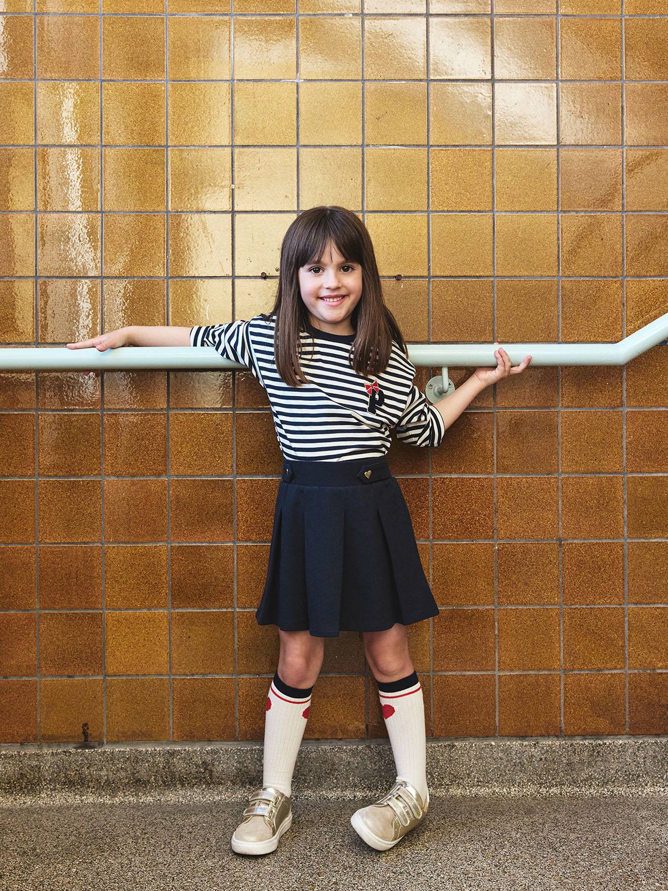 Falda plisada de punto piqué para niña azul marino Vertbaudet