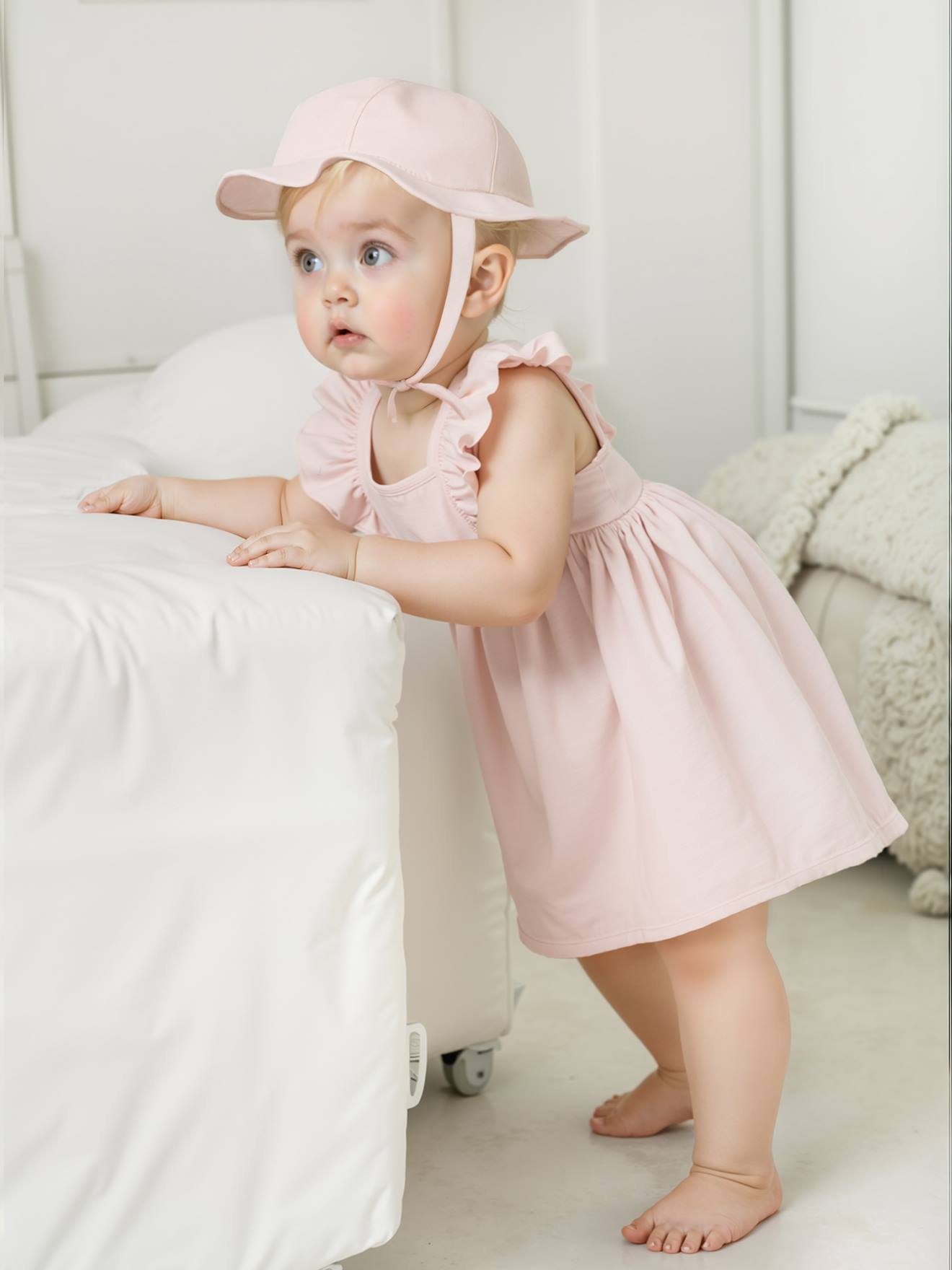 Conjunto de vestido y sombrero para bebé niña rosa rosa pálido